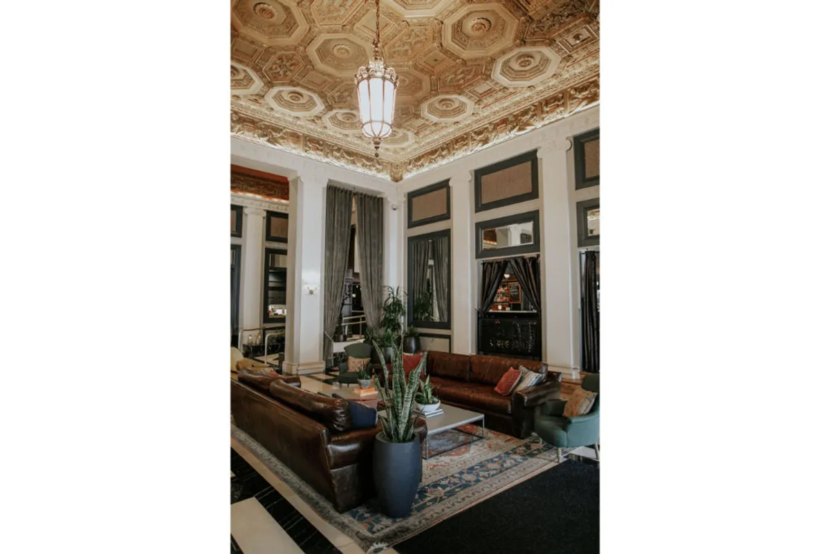A welcoming lounge area featuring leather sofas, a large potted plant, ornate ceilings, and a decorative rug. The space feels both sophisticated and comfortable—suggesting a spot to relax with your pet after exploring the city.
